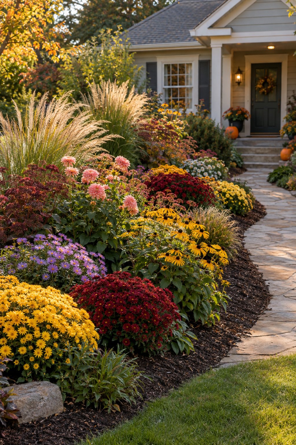 A colorful autumn flower garden beside a path leading to a home.