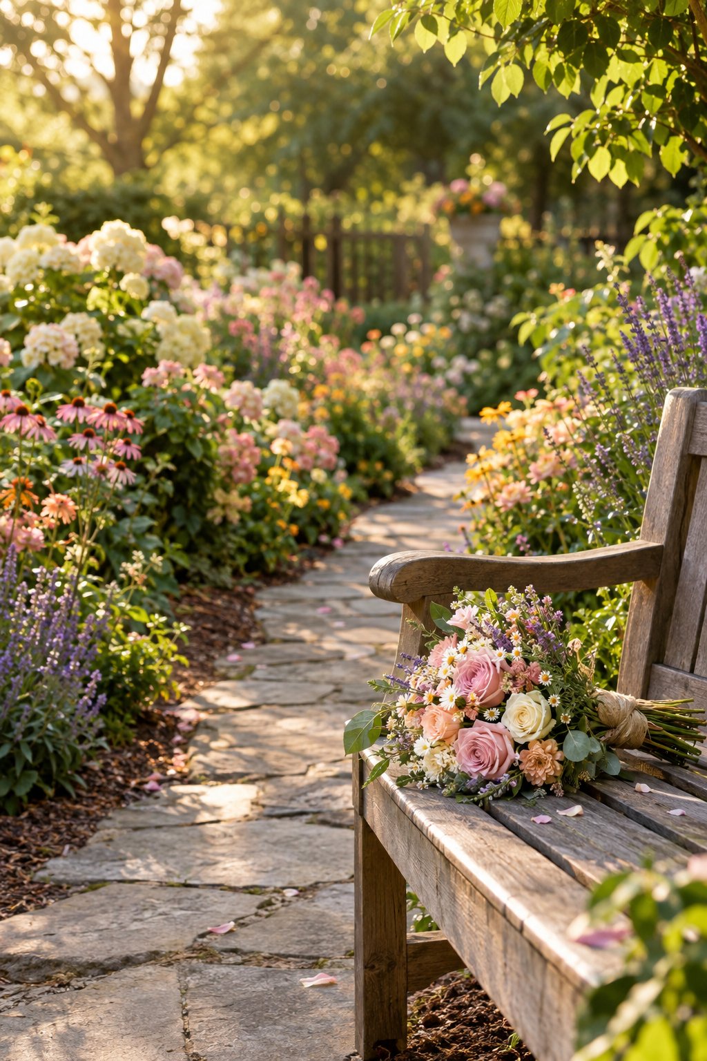 A bouquet rests on a bench beside a colorful garden walkway.