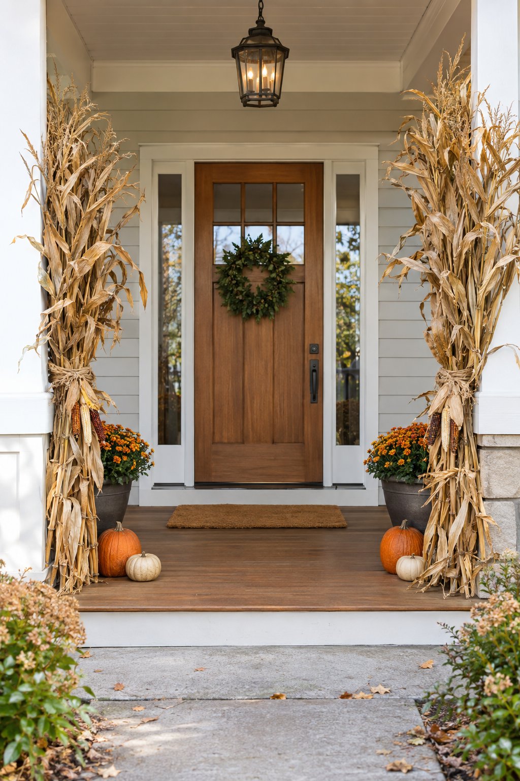 A front porch decorated with corn stalks beside the entrance.