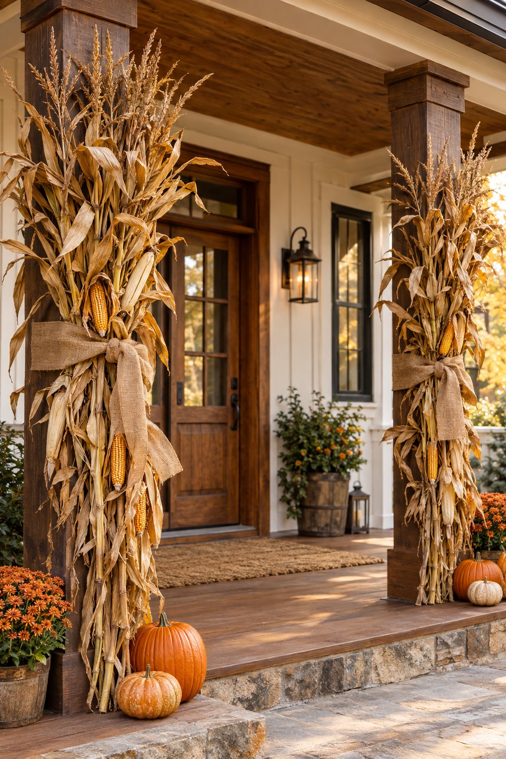 Burlap-tied corn stalks decorate the columns of a front porch.