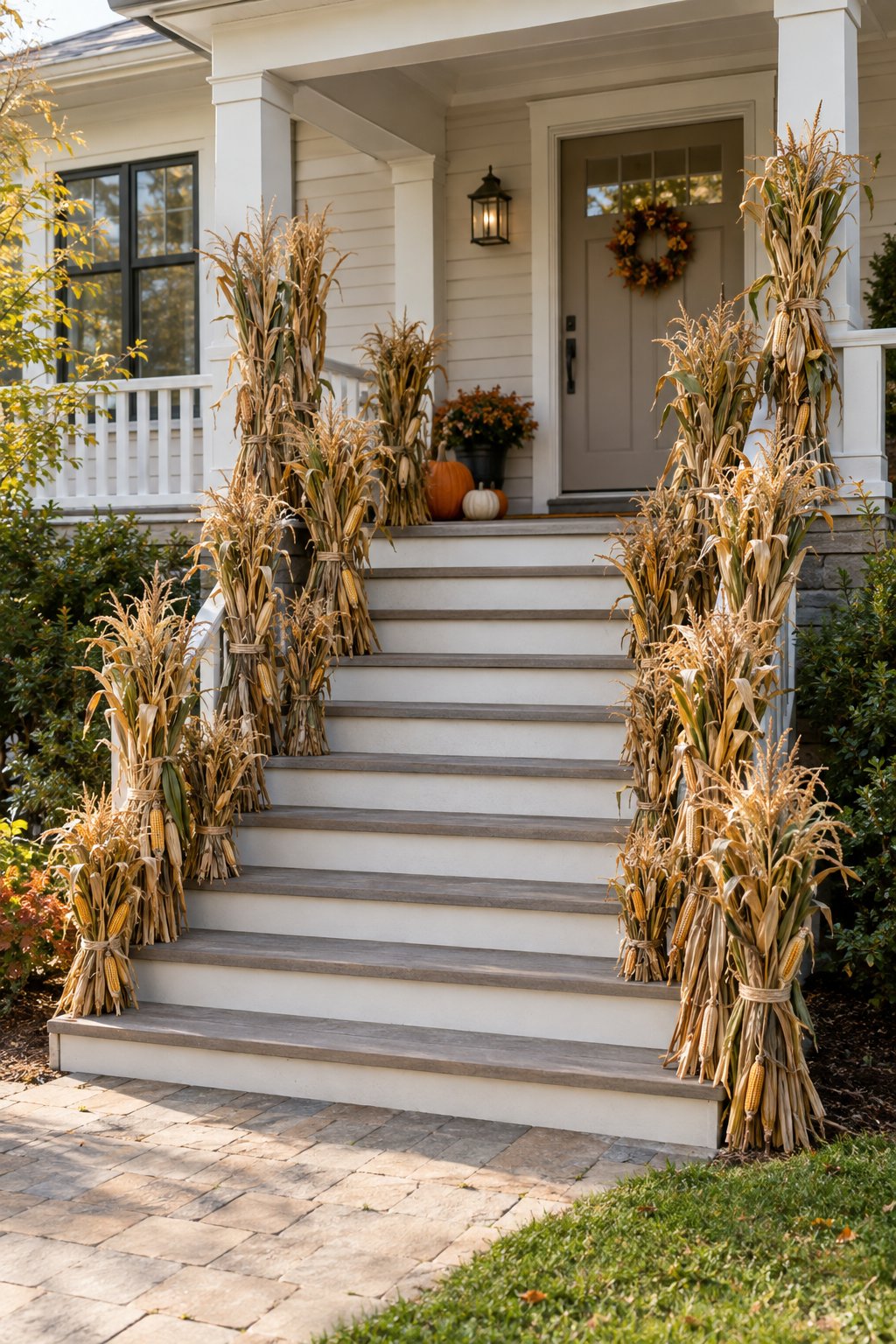 Corn stalk bundles arranged at staggered heights along the front steps of a porch.