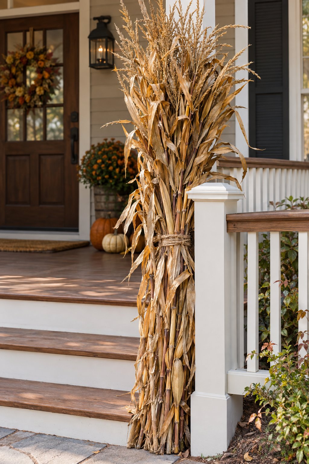 A tied bundle of dried corn stalks stands beside the end post of a front porch railing.