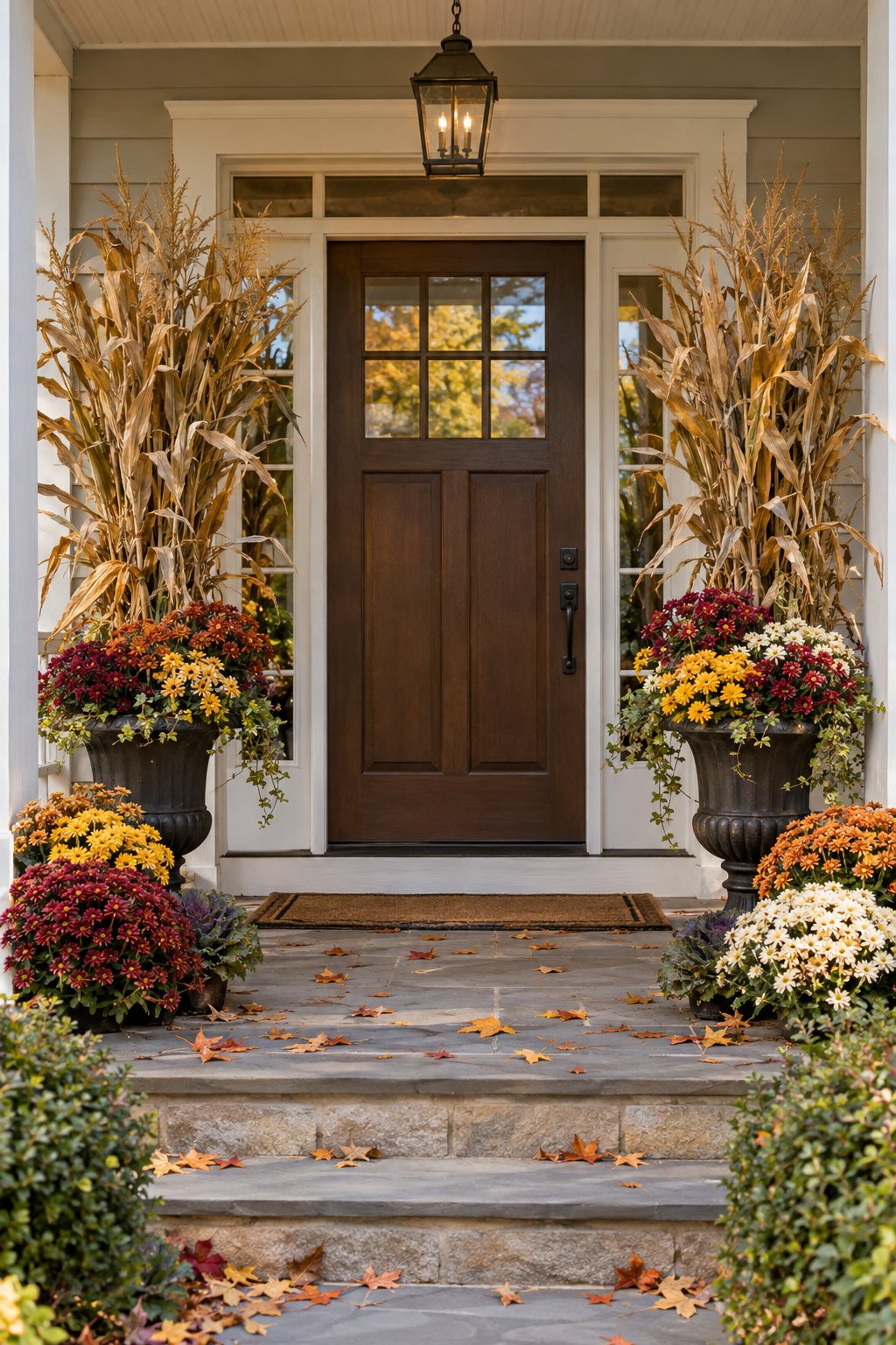Tall urns of corn stalks and colorful mums decorate a front porch.