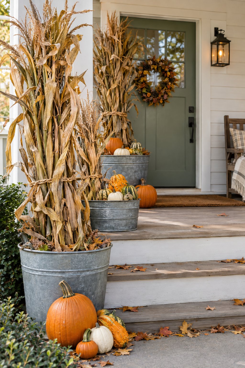 Galvanized tubs filled with corn stalks, pumpkins, and gourds decorate a front porch.