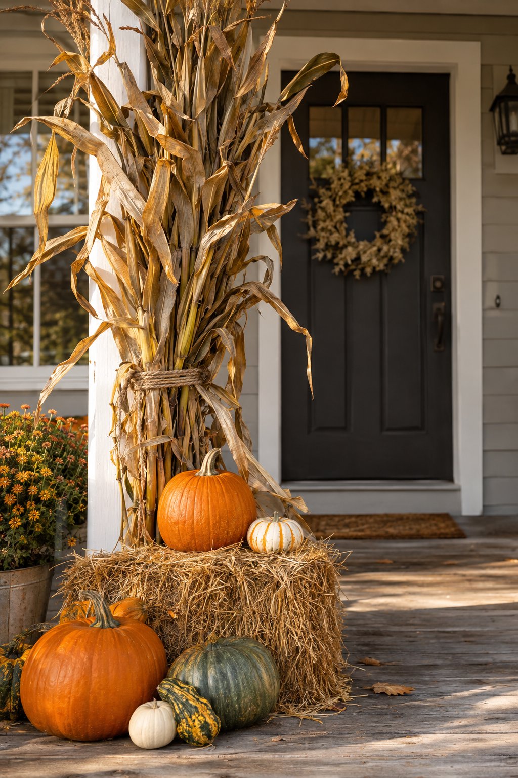 A hay bale, corn stalks, pumpkins, and gourds decorate a front porch.