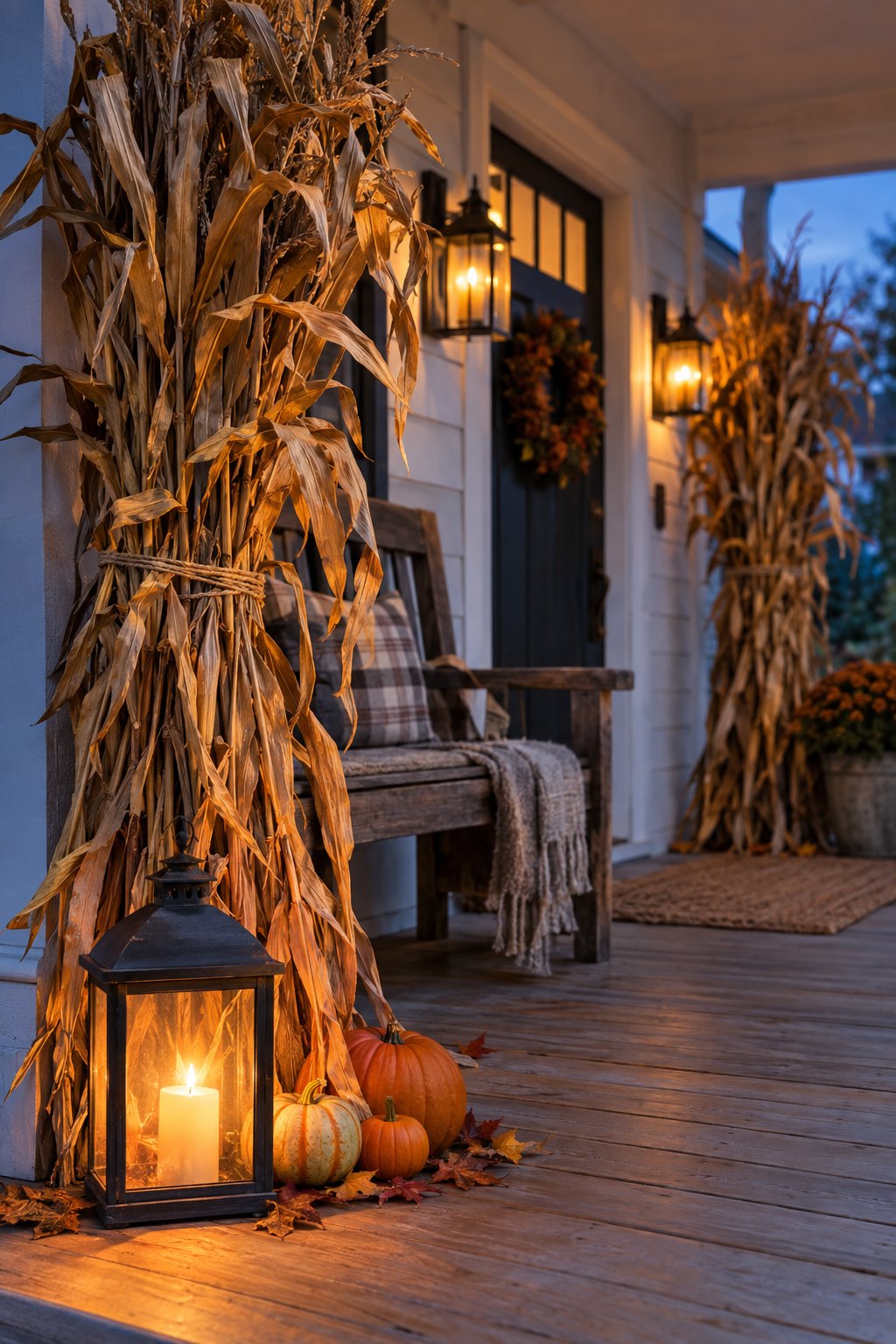Corn stalks and pumpkins decorate a front porch beside a glowing lantern.