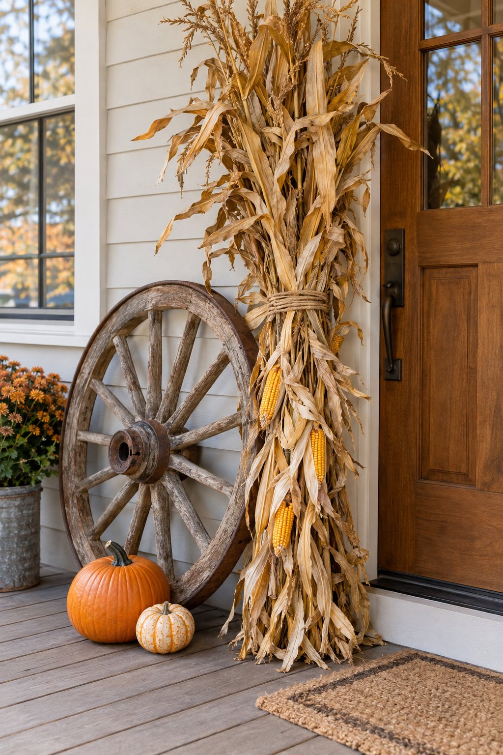 A vintage wagon wheel stands beside a bundle of dried corn stalks on a front porch.