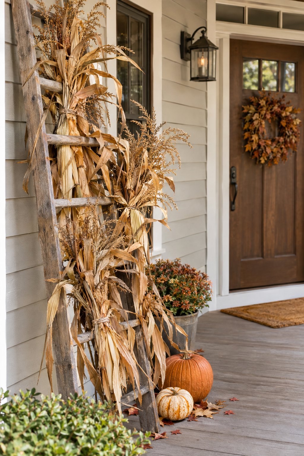 A vintage wooden ladder displays dried corn stalks on a front porch.