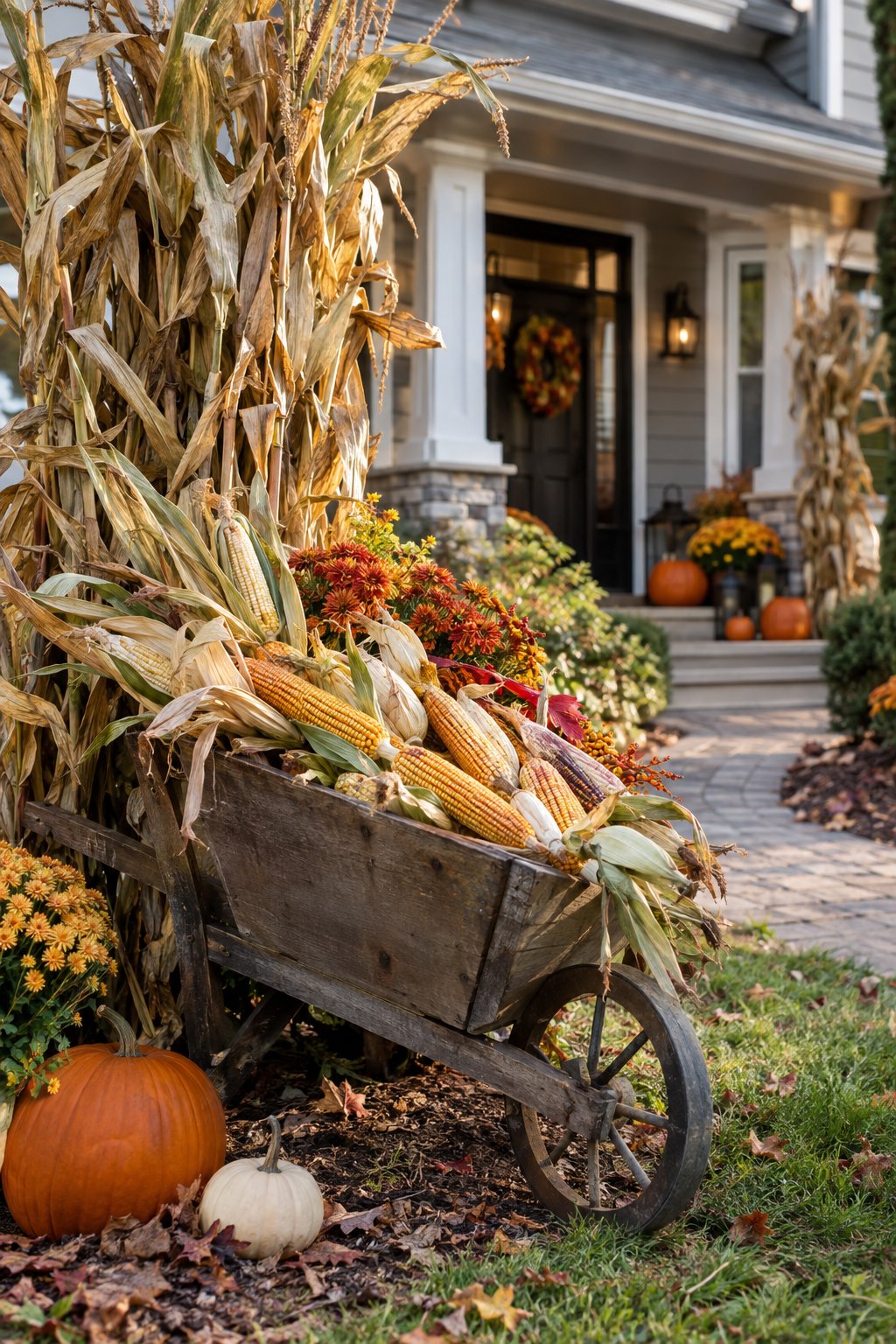 A wheelbarrow filled with corn and corn stalks decorates a front yard beside a porch.