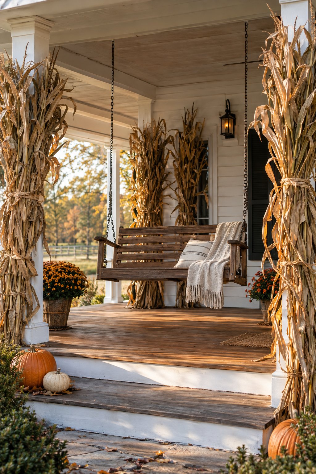 A wooden porch swing framed by tall corn stalks and autumn decorations.