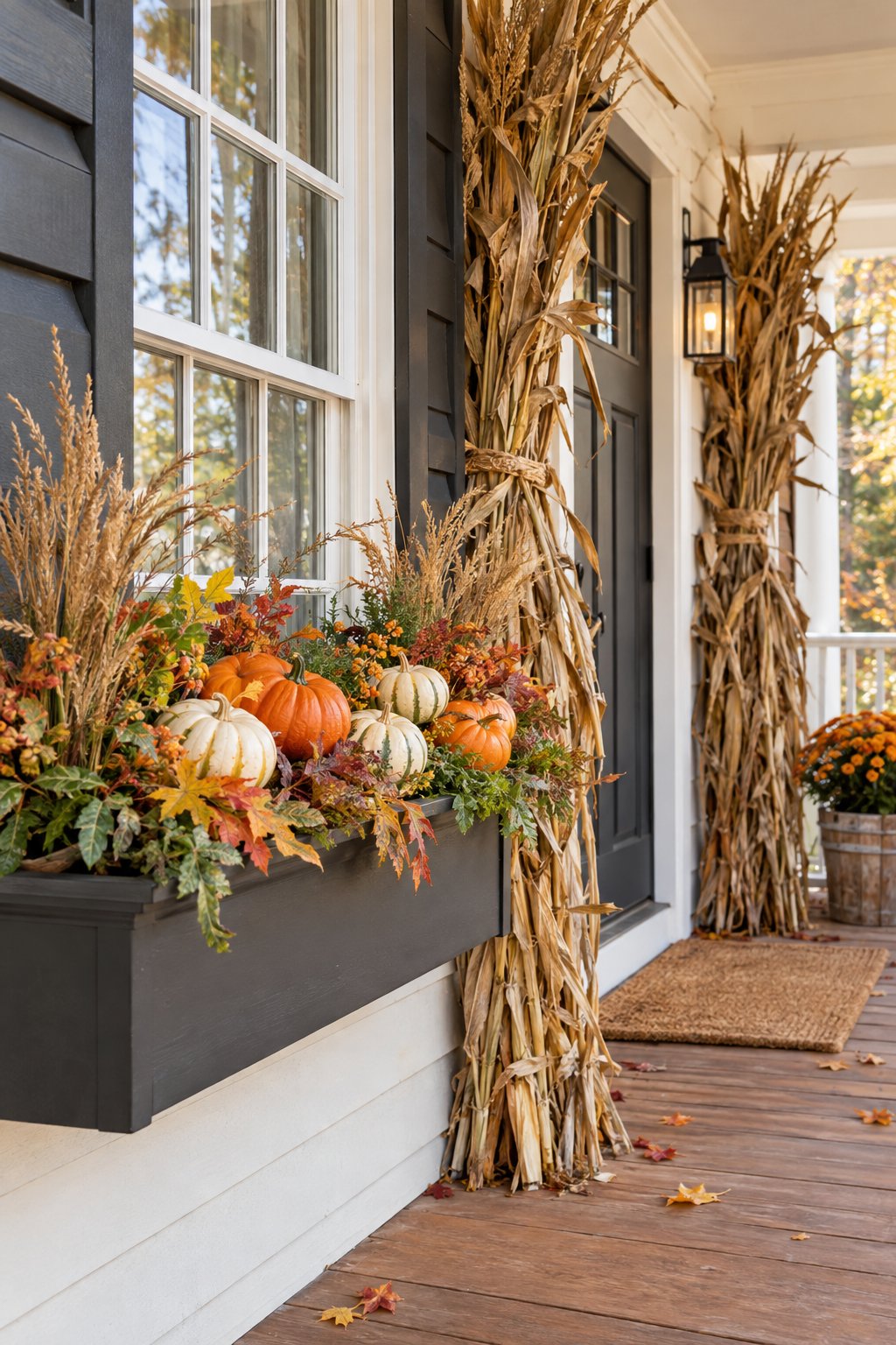 Mini pumpkins and corn stalks decorate a farmhouse porch.