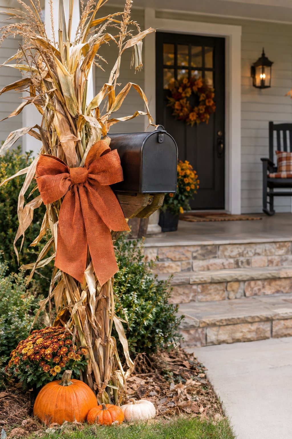 A mailbox decorated with bundled corn stalks and a seasonal bow on an autumn porch.