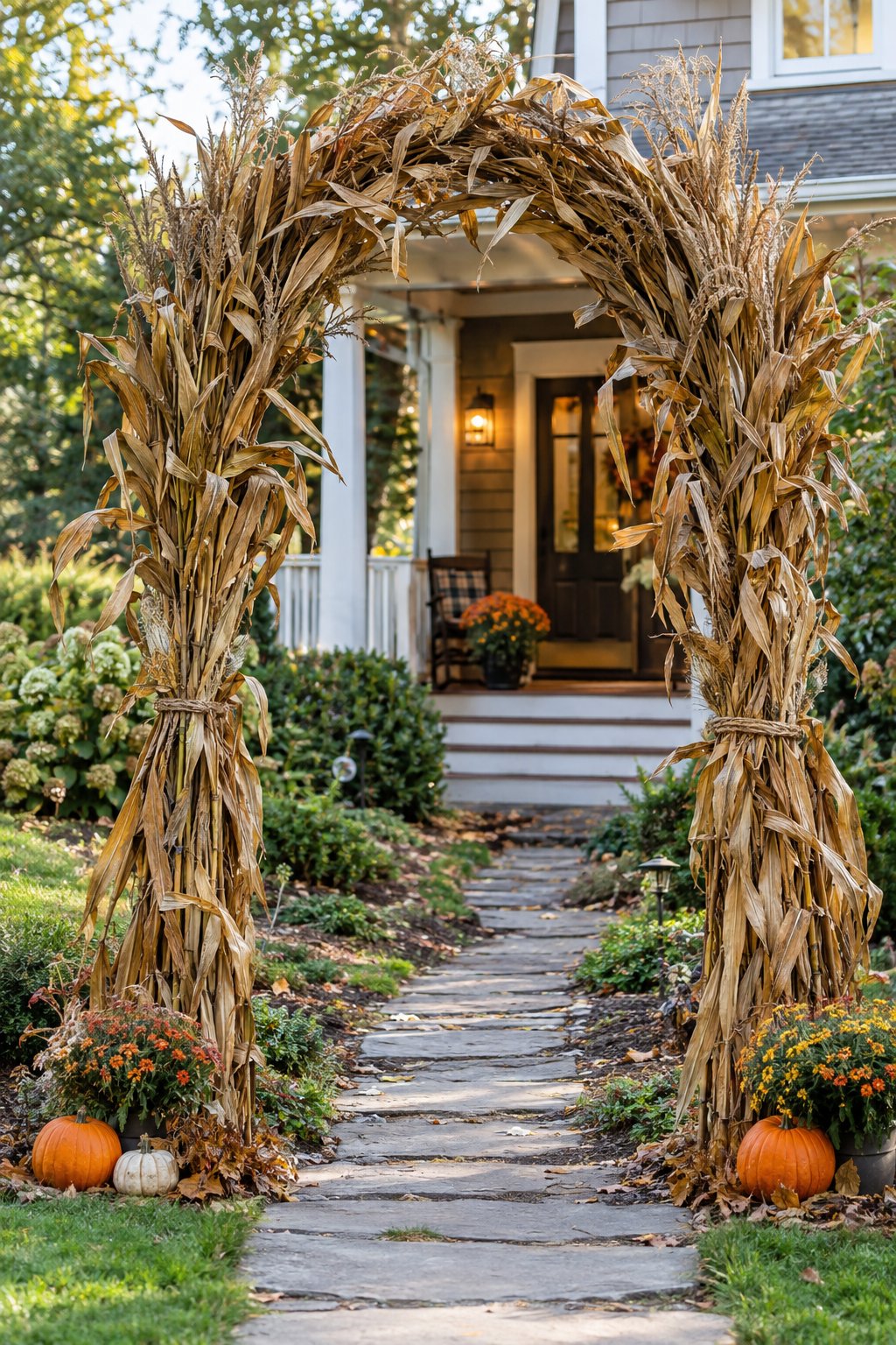 A corn-stalk arch decorated with small pumpkins frames a garden path leading to a front porch.