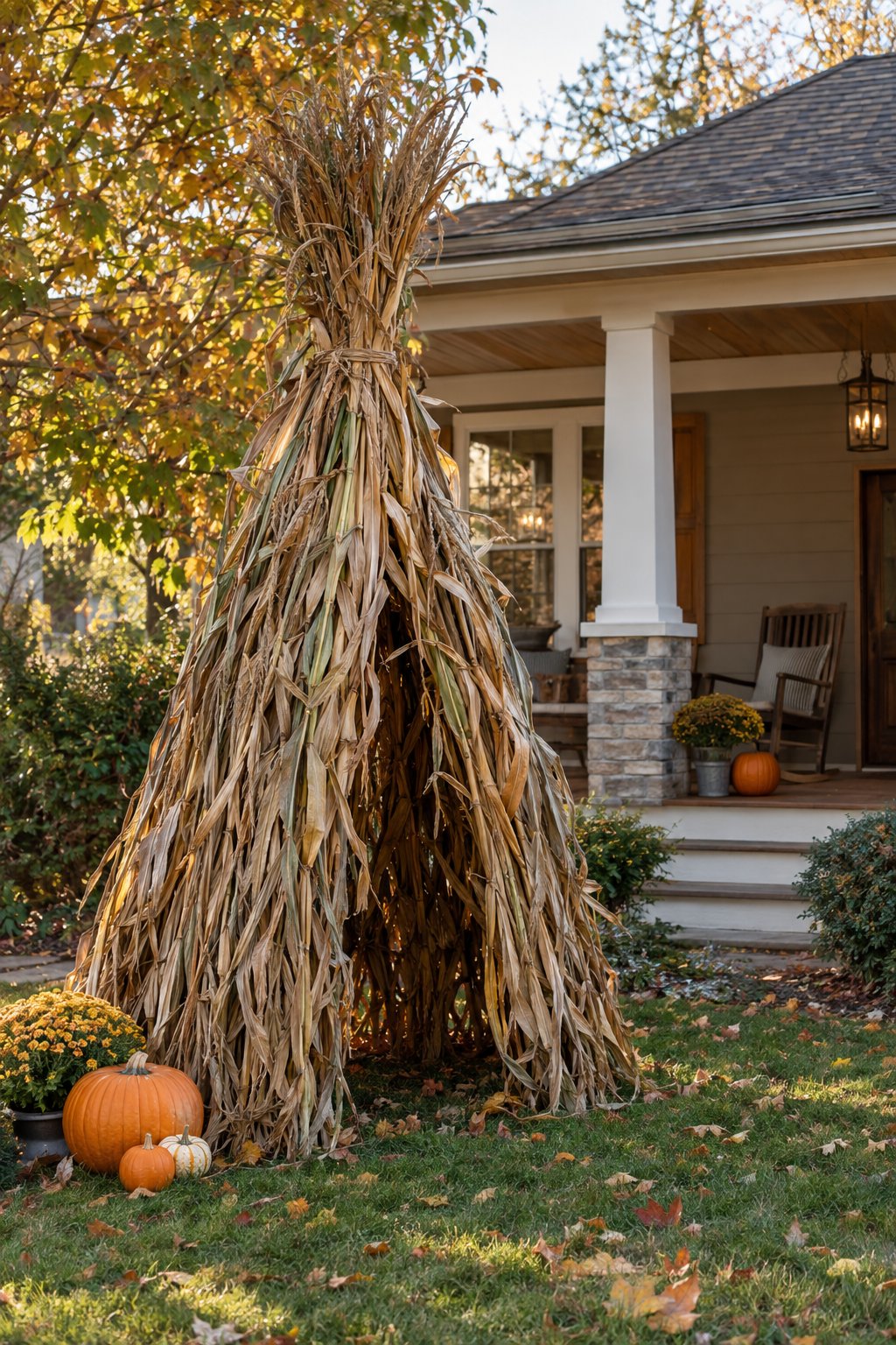 A corn stalk teepee decorated with pumpkins and mums stands in a front yard.
