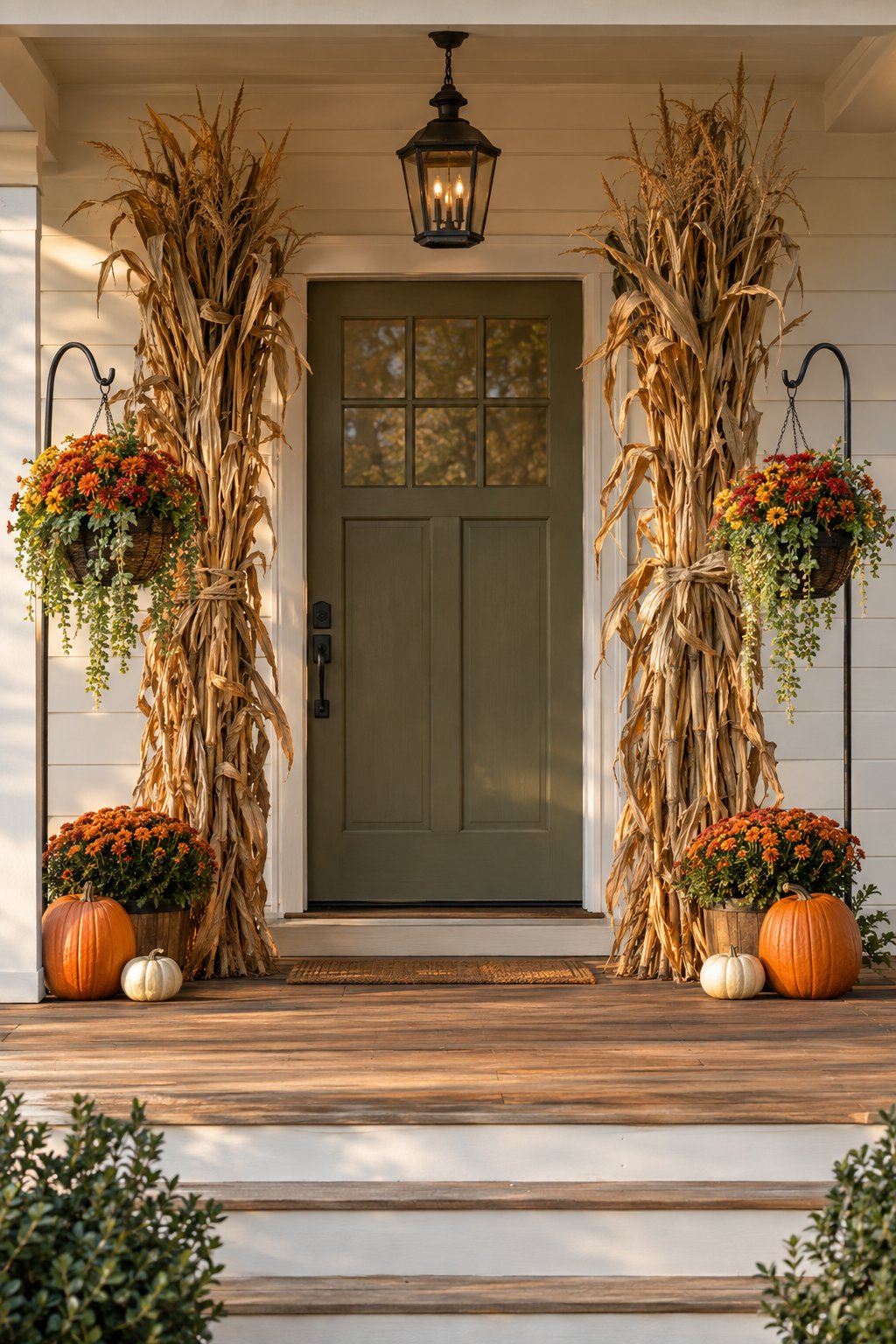 Corn stalk bundles and flower-filled shepherdβs hooks frame a decorated front porch.