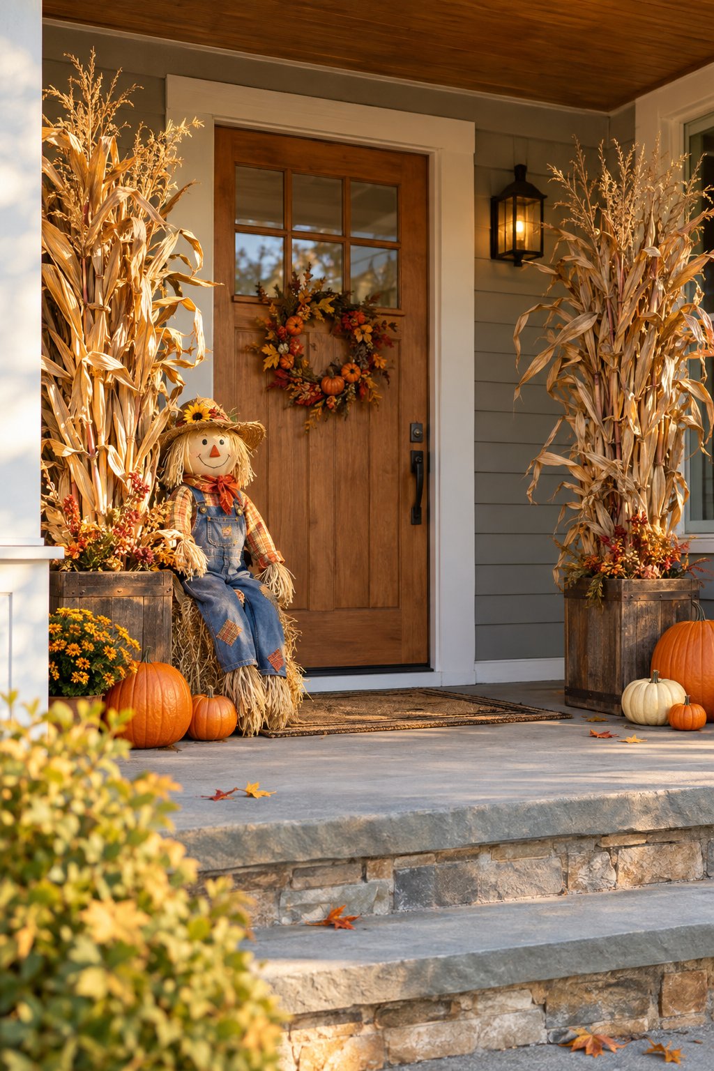 A scarecrow stands beside bundles of corn stalks on a decorated front porch.