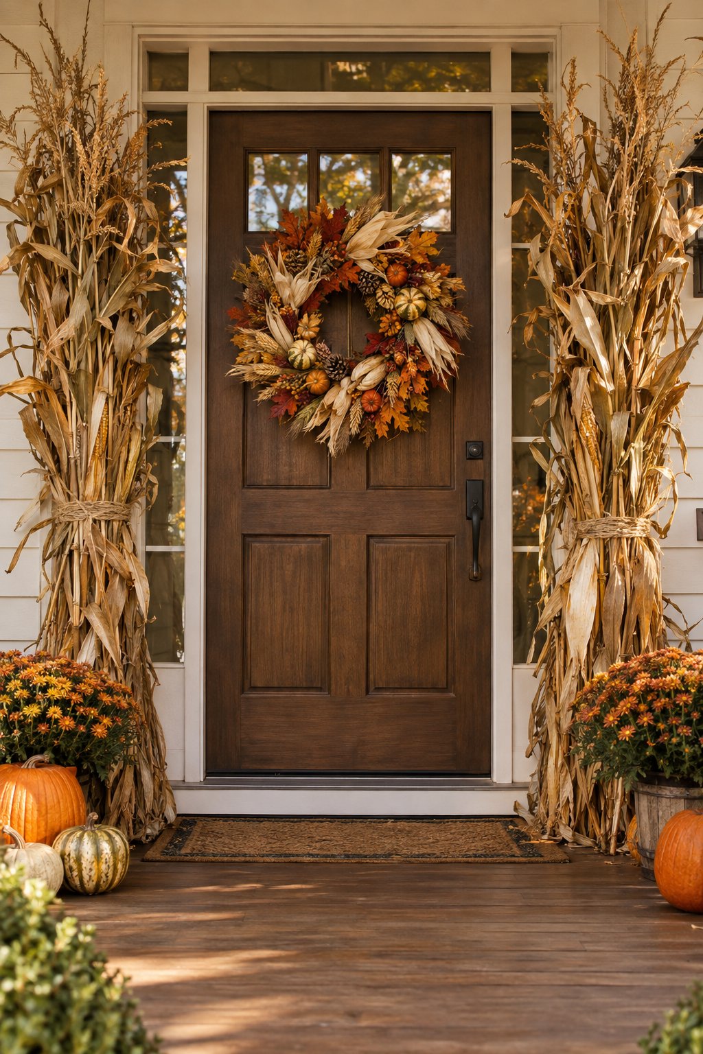 A front porch decorated with a harvest wreath, matching corn stalks, pumpkins, and chrysanthemums.