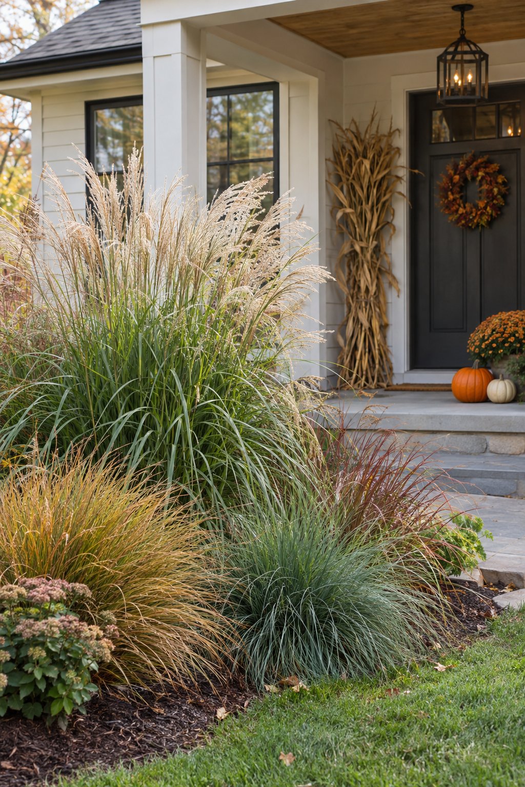 A front porch with corn stalks beside a garden bed of ornamental grasses.