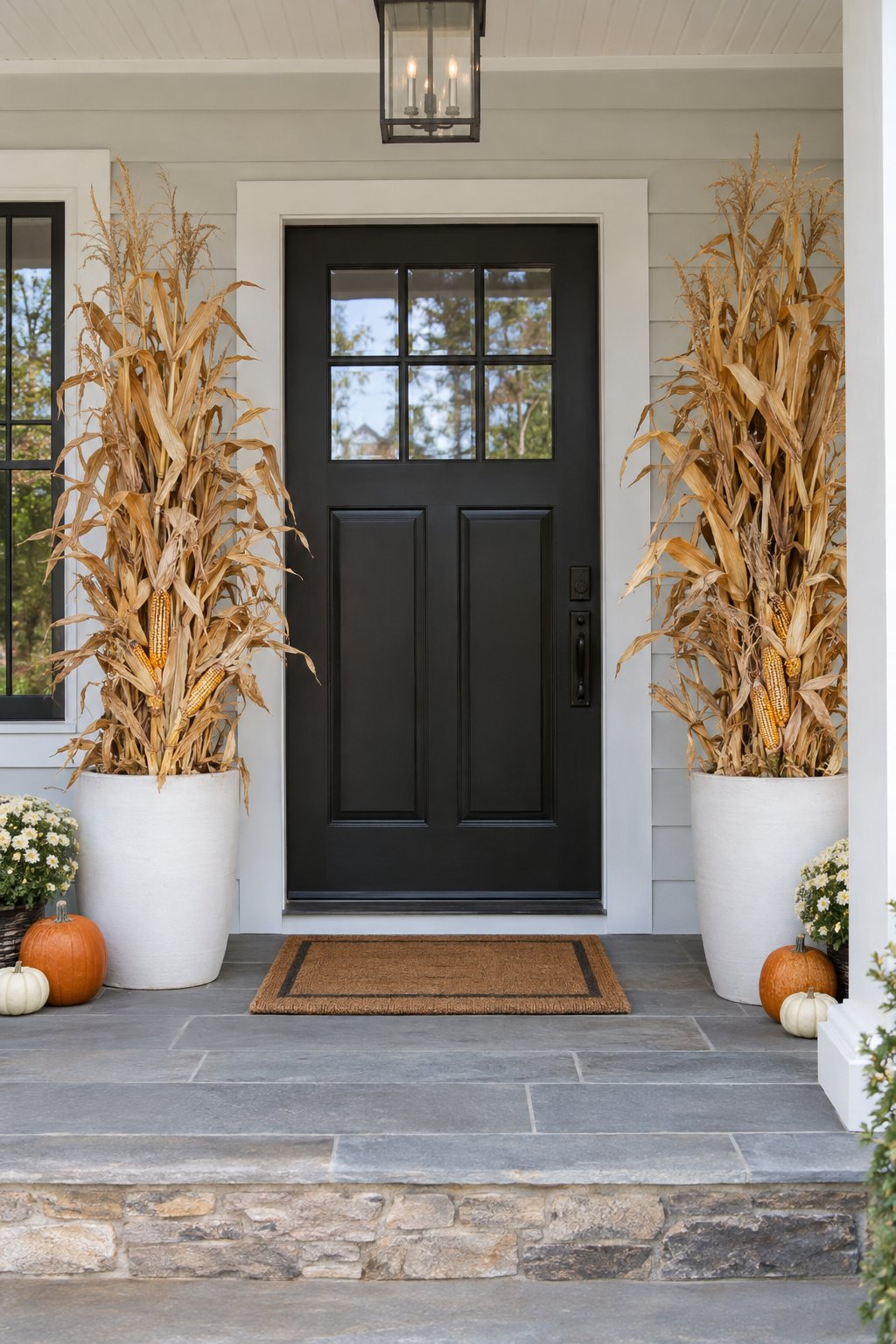 Golden corn stalks stand in white planters beside a black front door.