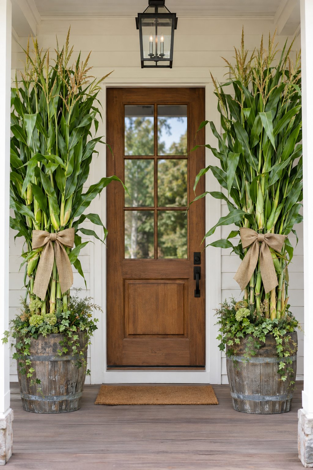 Green corn stalks tied with burlap bows decorate a front porch.