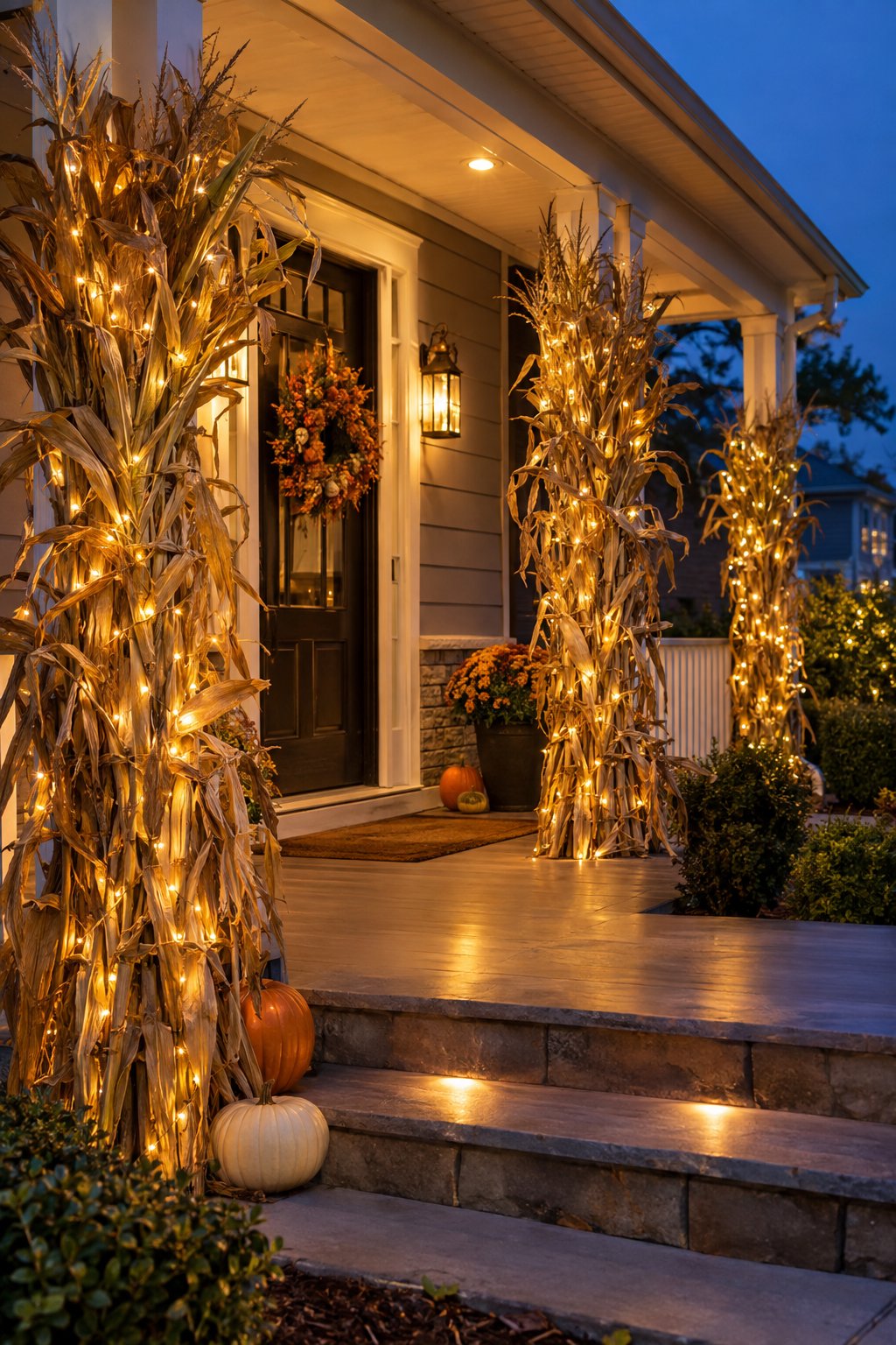 Lit bundles of corn stalks decorate a front porch beside pumpkins.