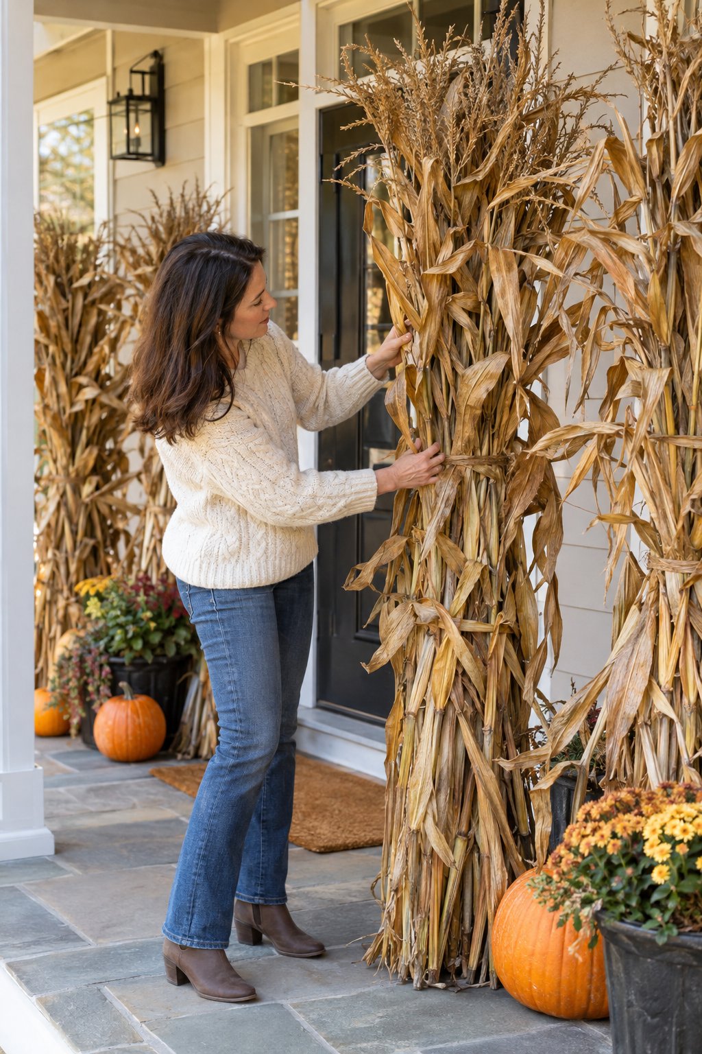 A person selects corn stalks arranged beside a front porch doorway.