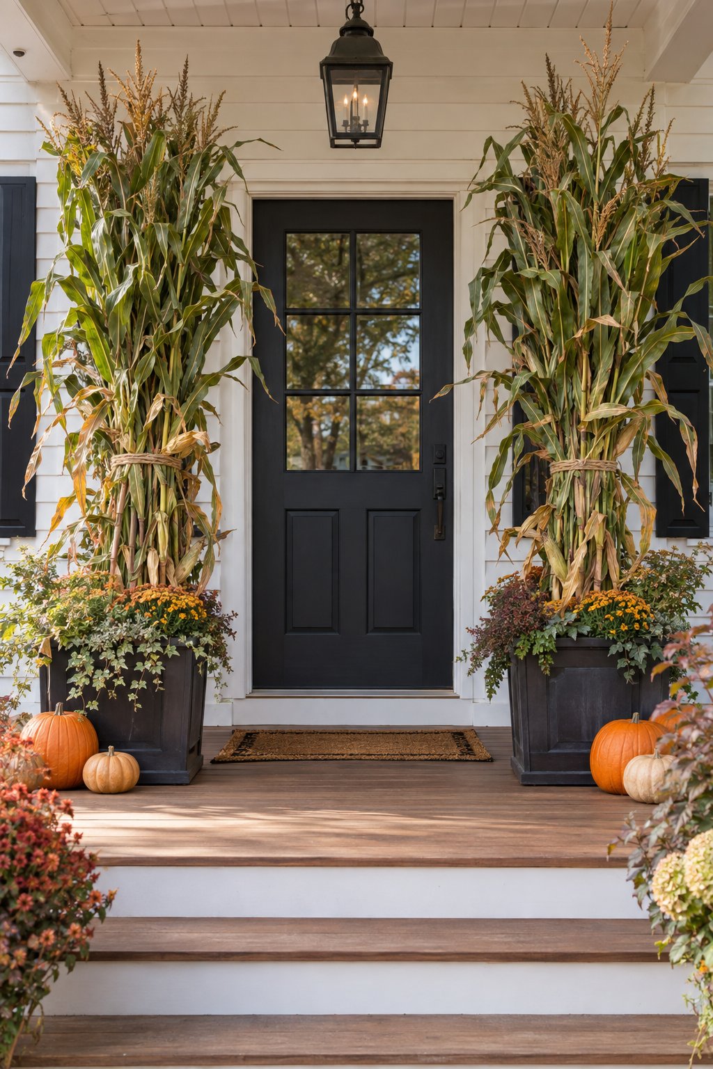 Corn stalks secured in planters beside the entrance of a front porch.